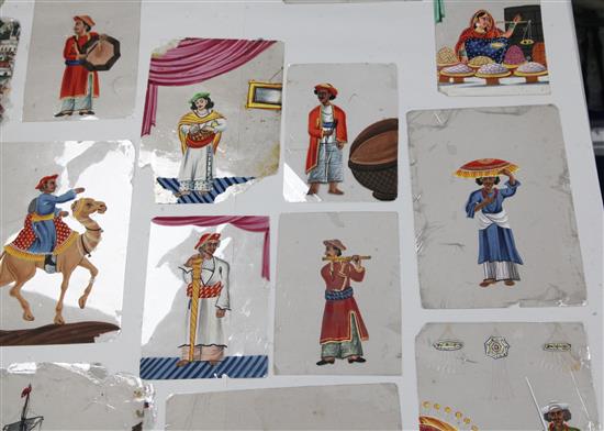 An extensive collection of 19th century Indian gouache on mica pictures, largest 5 x 7in. approx., unframed